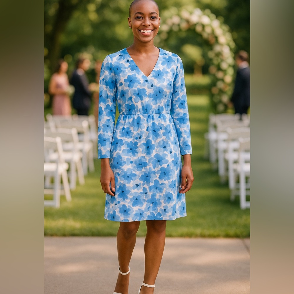 J Crew Factory Blue Floral Long Sleeve V Neck Dress Size 10 - Picture 1 of 13
